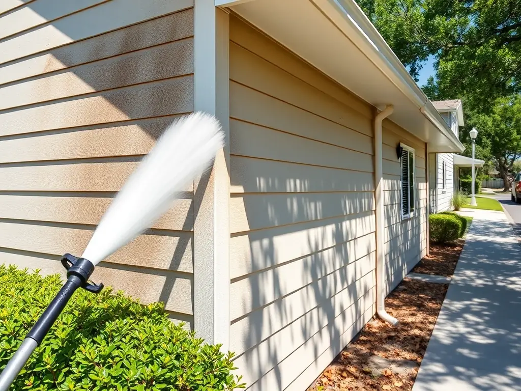 A residential house with siding being power washed, showing a clear difference between the clean and dirty sections. The setting is a sunny day in a suburban neighborhood.