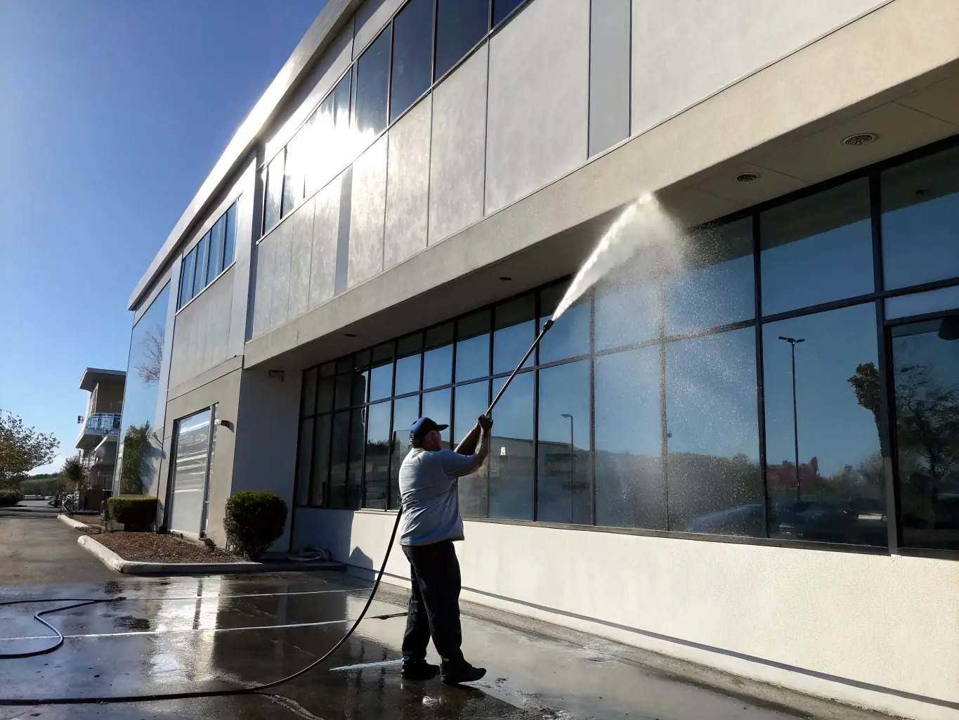 A commercial building's facade being power washed, with before-and-after sections clearly visible. The building is located in a busy downtown area.