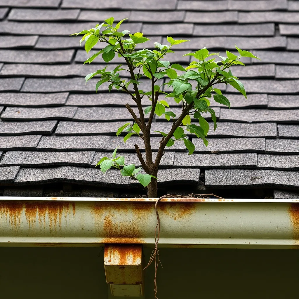 Tree growing out of old gutter in Roanoke, VA