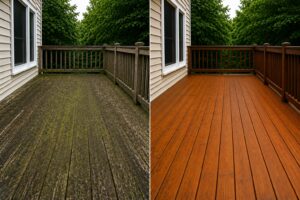 Before & After deck cleaning in Roanoke, VA showing removal of algae, mildew and weathering from a residential wood deck buy Pro Pressure Washing Solutions