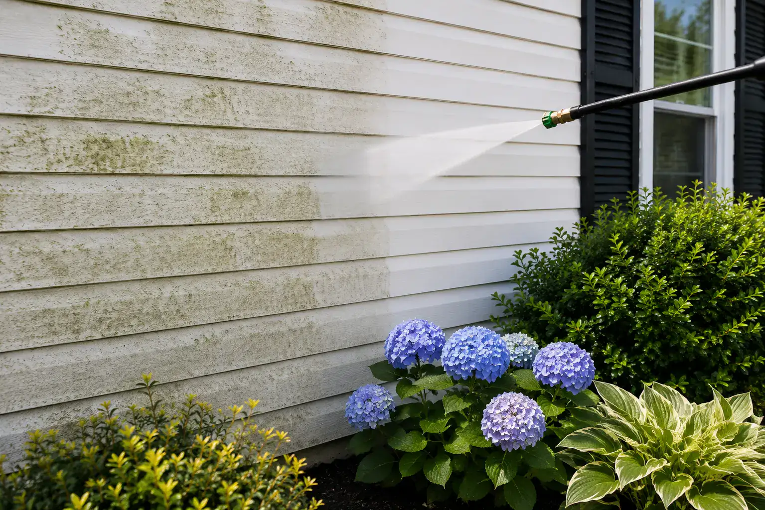 House washing dirty vinyl siding using sodium hypochlorite