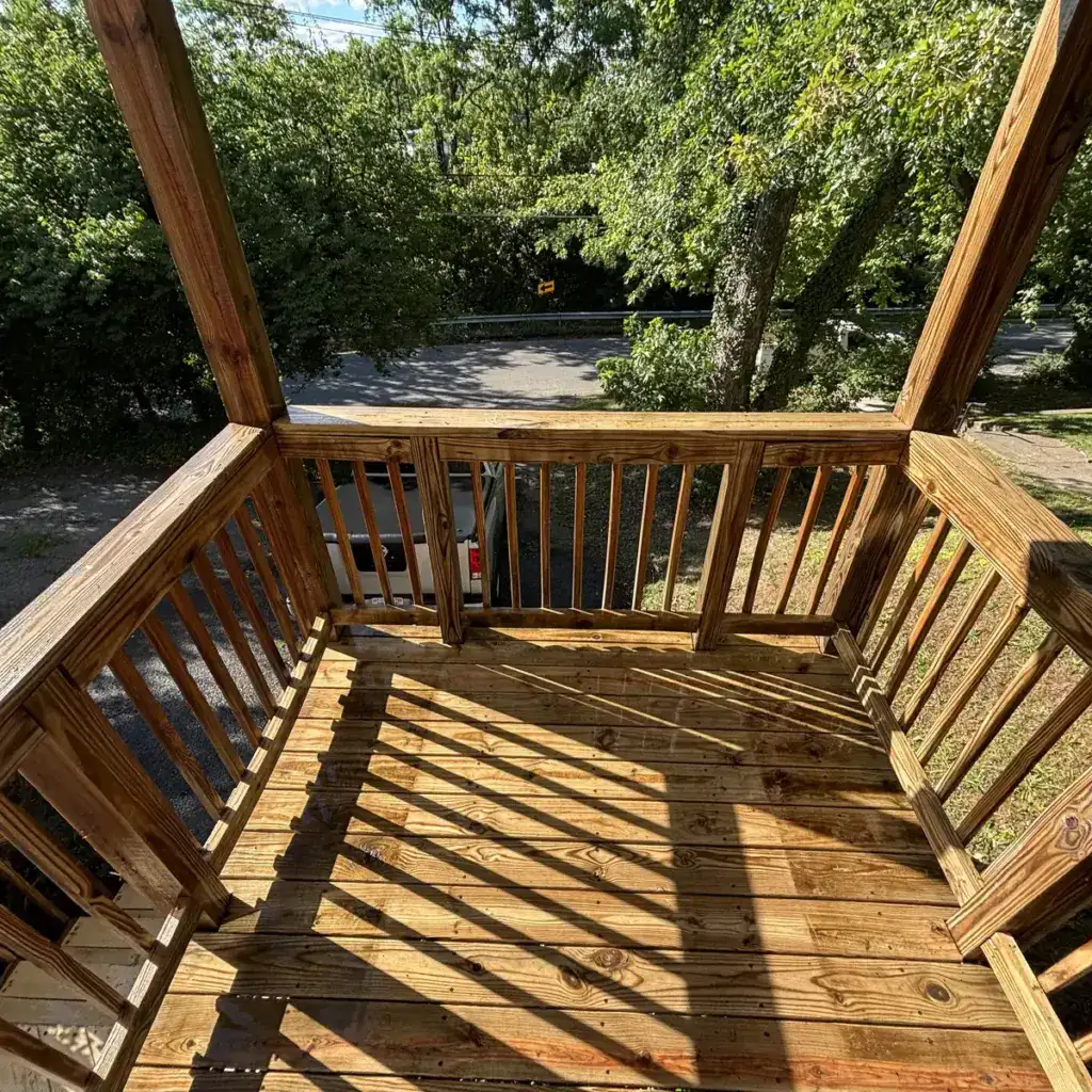 Deck, patio, & fence cleaning and brightener on wooden patio in Roanoke, VA