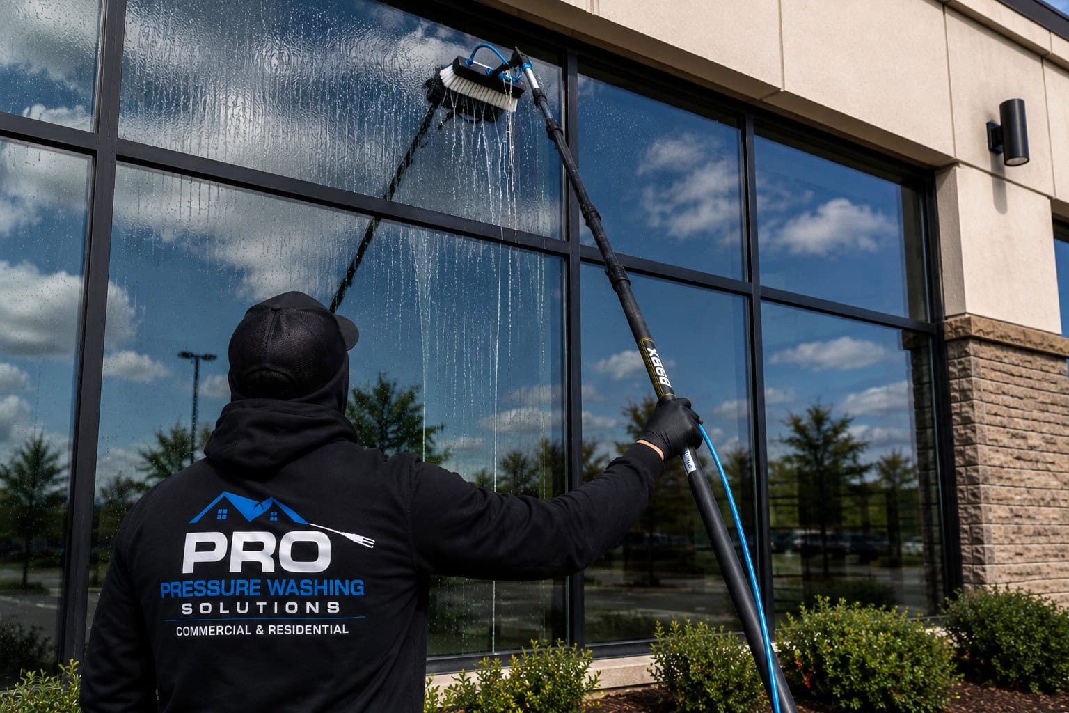 Commercial window cleaning using a water fed pole