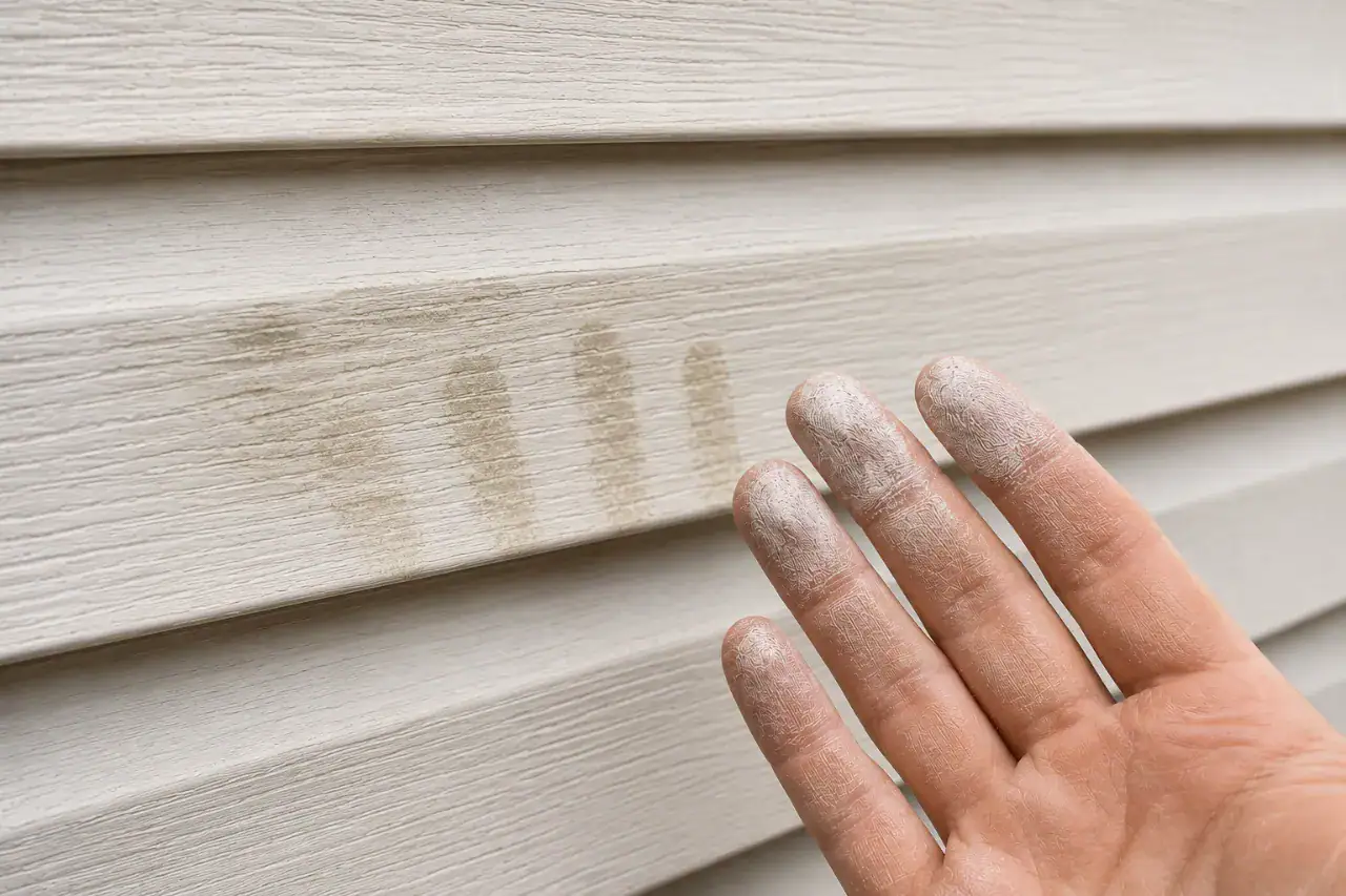Chalky oxidation residue on vinyl siding revealed after pressure washing in Roanoke, VA
