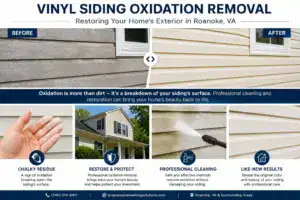 Vinyl siding oxidation removal showing chalky residue and restored siding in Roanoke, VA