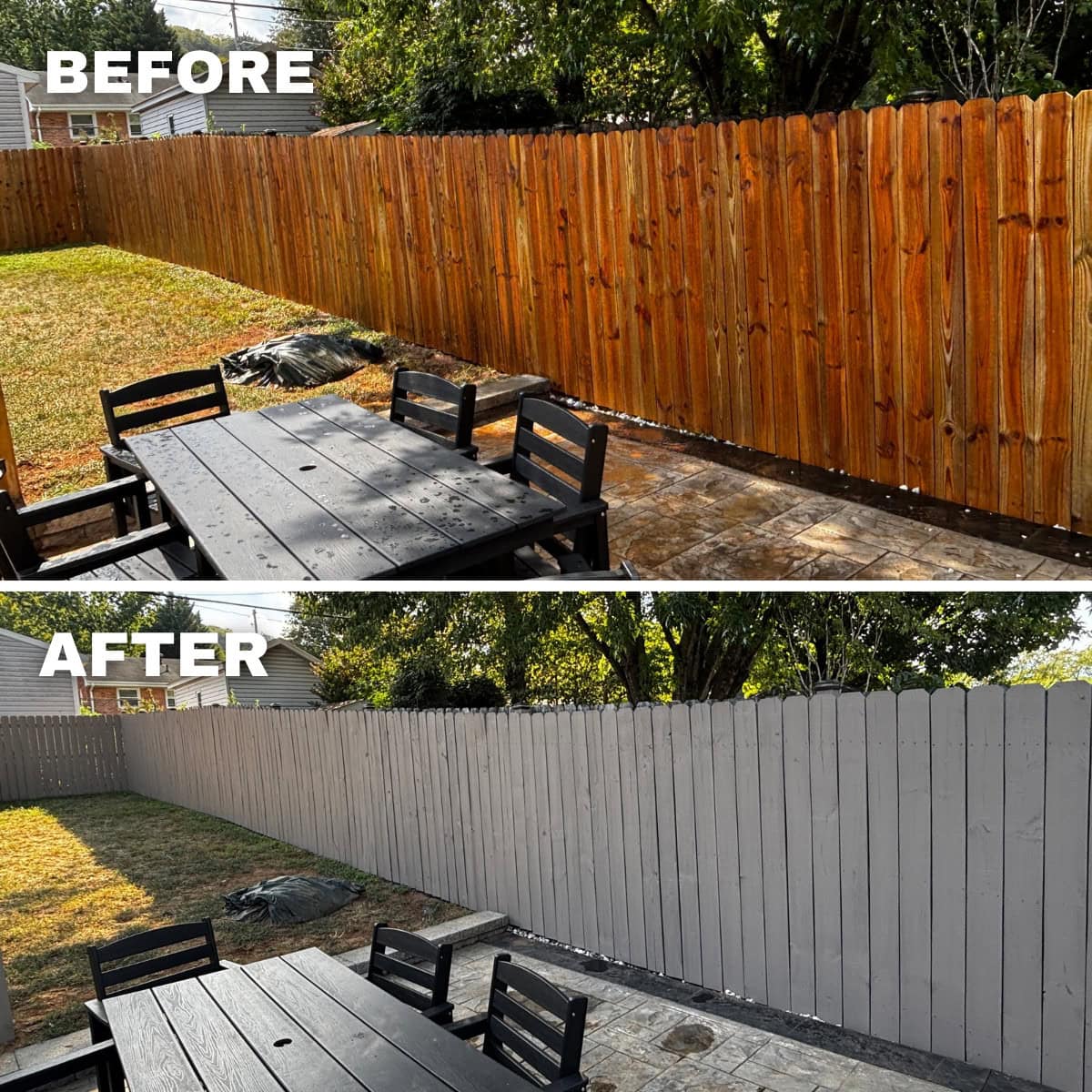 Fence staining before and after photo in Roanoke, VA.