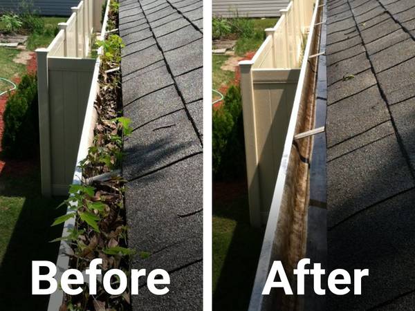 Gutter cleaning removing debris and dirt from gutters and downspouts in Salem, VA.
