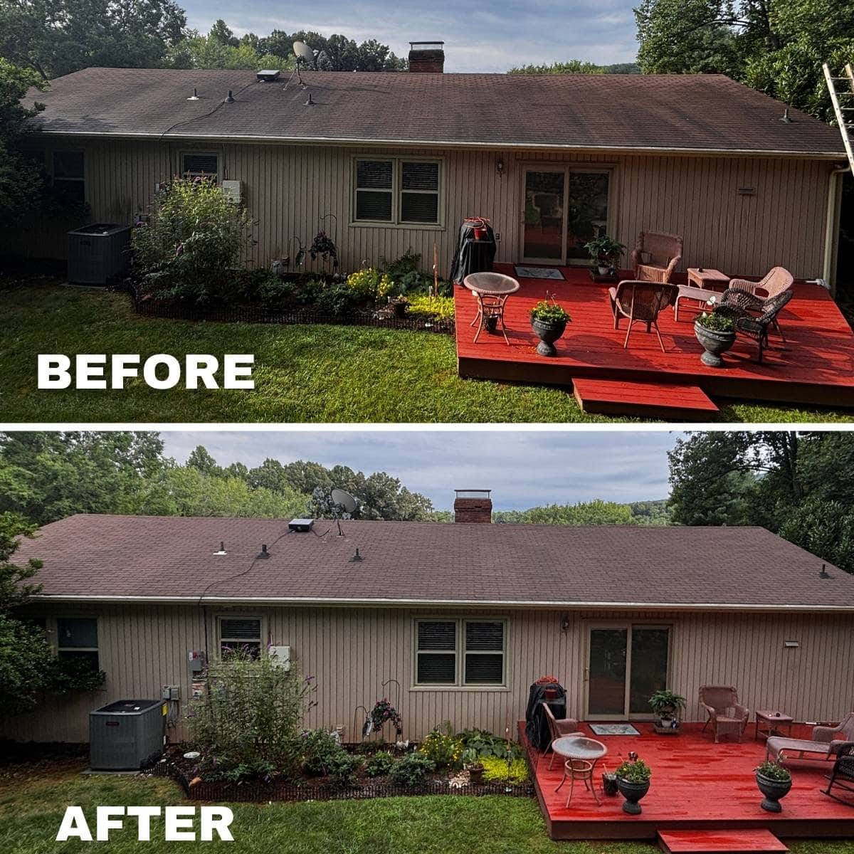Roof cleaning before & after photo in Bonsack, VA.